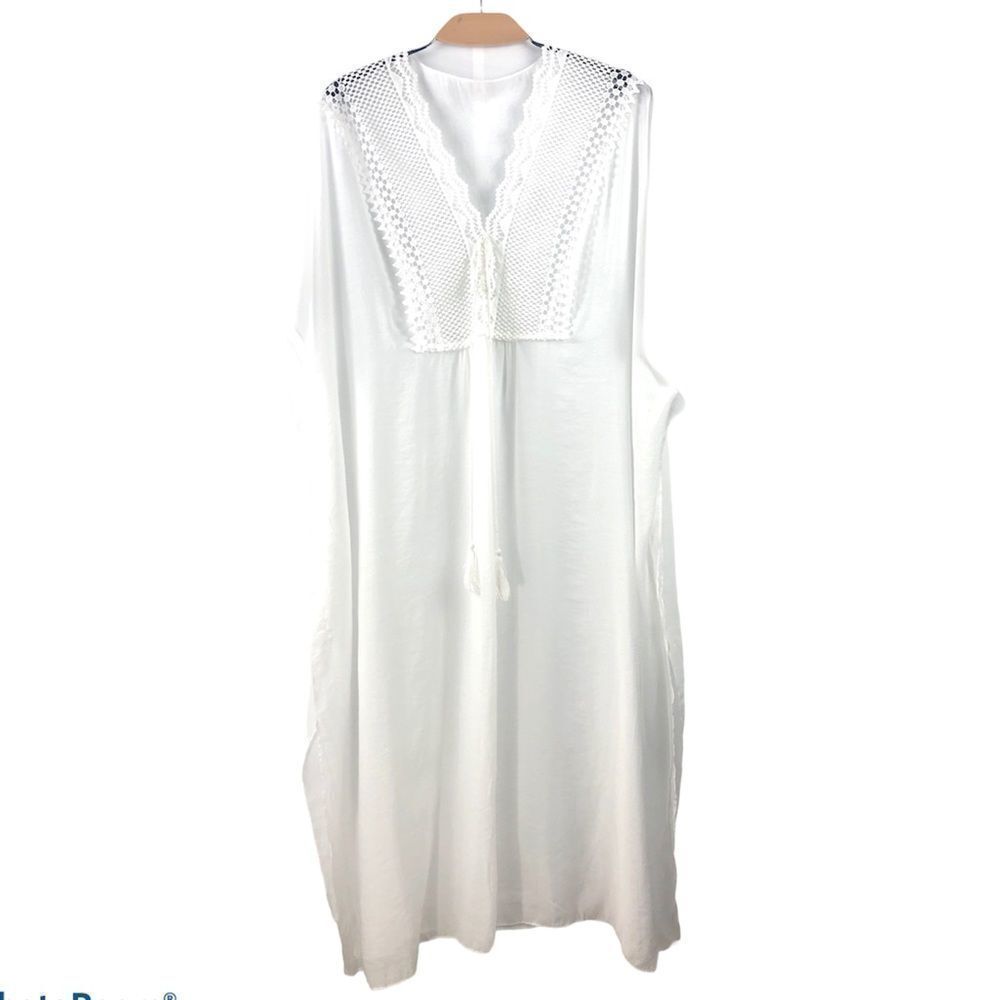 Long Bohemian White Kaftan w/ Tassel Ties - Picture 2 of 5